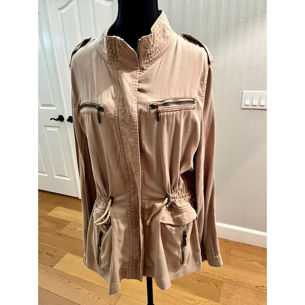 Safari Cargo Utility Jacket Tan Brown Tencel Drawstring Military Field Coat Sz L